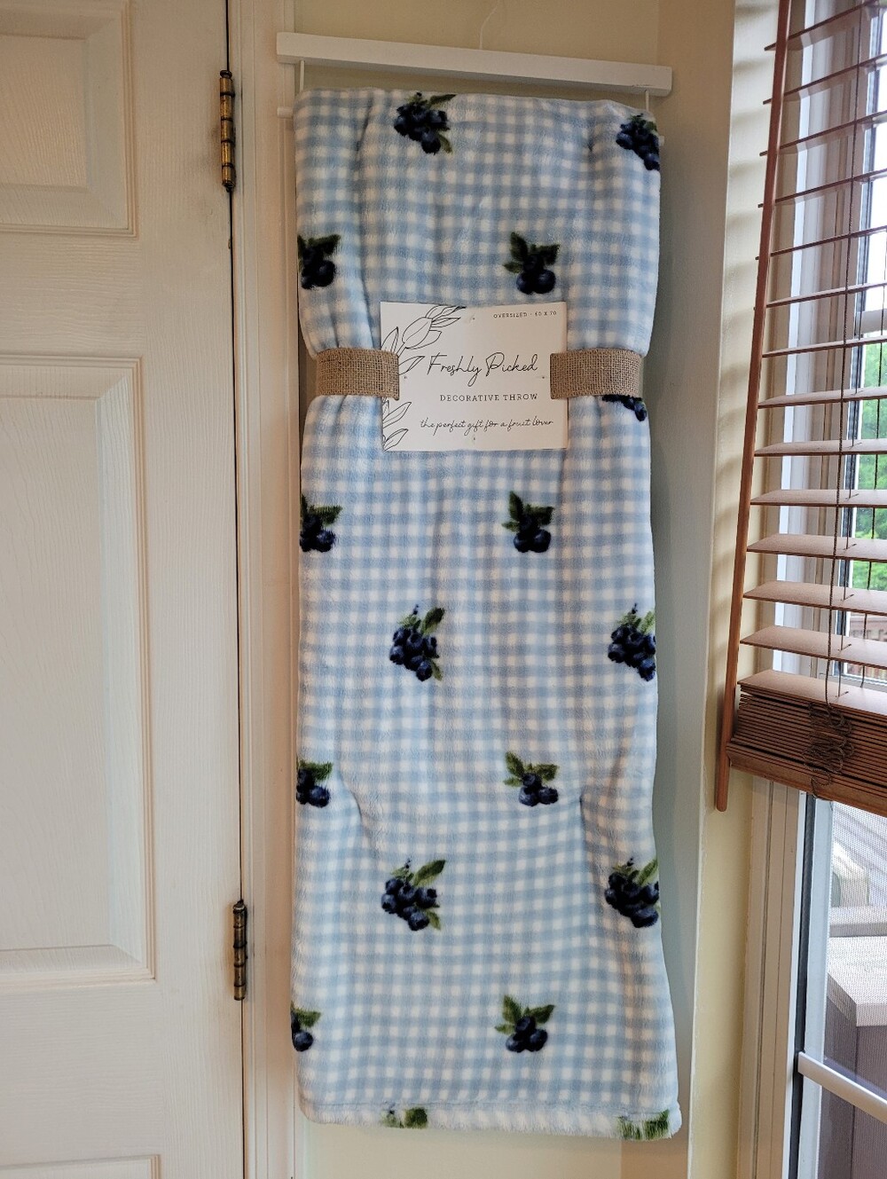 Freshly Picked Blueberry Fair Light Blue Gingham Throw with Berry Pattern